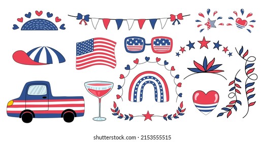 A vector set of 4th of July themed decorative elements designed in white, blue, red tones on a white background for cards, gifts, stickers and more.