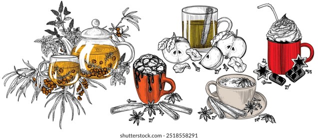 Conjunto de Vector de 5 bebidas de otoño. Té de espino cerval de mar, cacao de malvavisco, sidra de manzana, café con leche de té con especias, chocolate caliente con crema