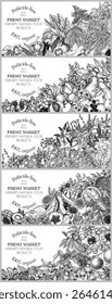 Vector set of 5 banners for grocery store. Collection of templates with healthy vegan food. Vegetables, fruits and berries, greens, exotic fruits, nuts in engraving style