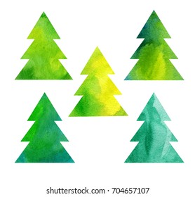 Vector Set of 5 Cartoon Pine Trees painted isolated on White Background, xmas design collection