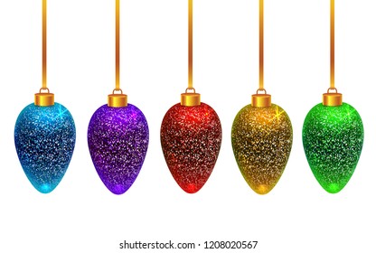 Vector set of 5 colorful rainbow sparkled and shining Christmas toys isolated on white background. Beautiful Xmas crystal toys with frosted effect decorations.
