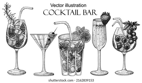 Vector Set Of 5 Different Cold Drinks In Glasses In Engraving Style. Graphic Linear Aperol Spritz, Mojito, Strawberry Champagne, Berry Cocktail, Martini