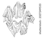 Vector set of 5 different ghosts in engraving style. Ghost with a book, ghost with a lamp, ghost cat