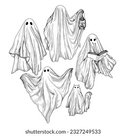 Conjunto vectorial de 5 fantasmas diferentes en estilo grabado. Fantasma con un libro, fantasma con una lámpara, gato fantasma