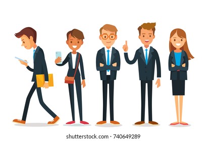 Vector set of 5 five businessman office workers young business people standing with crossed arms, crossed, folded hands standing up straight in various poses,isolated illustration.Businessman got idea