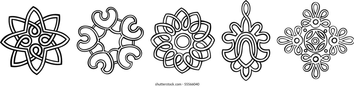 Vector Set of 5 hand-drawn, stylized medallion patterns to incorporate into your design