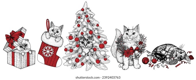 Vector set of 5 holiday cats in engraving style. Tabby cat in a Christmas tree, Siamese fold in a gift box, kitty in a sock, white cat in a Christmas wreath and striped kitten in tree toys