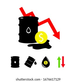 Vector set of 5 sign oil. Black symbol petroleum, dollar money, isolated on white background. global financial crisis. Barrel silhouette and spot liguid. Industry of exploration, Petrochemical