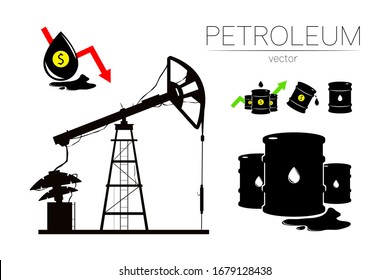 Juego de vectores de 5 señales de aceite y de la plataforma de desgarros. Símbolo negro de petróleo, dinero en dólares, soltado sobre fondo blanco. crisis financiera global. Silueta de barril y líguido de manchas. Industria de la exploración,