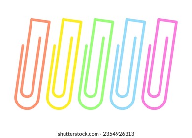 Conjunto de vectores de 5 imágenes simples de clips de papel de colores vivos. Papelería escolar y de oficina. Aislar