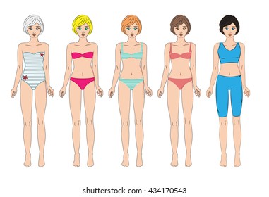 Vector set of 5 women in assorted swimwear, sportswear, underwear. Standing full body, front. Female body in good shape. Illustration for medicine or cosmetology infographic/design. Cute cartoon style