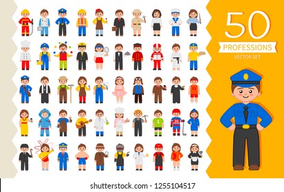 Vector set of 50 different professions in cartoon style. Male and female professions. 
