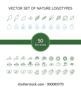 Vector set of 50 ecology icons, nature logo, biology symbols from leaves, hand, sun, snow, drop