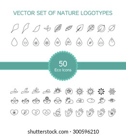 Vector set of 50 ecology icons, nature logo, biology symbols from leaves, hand, sun, snow, drop