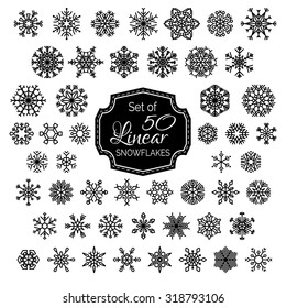 Vector Set of 50 Linear Snowflakes. Vintage outlined snowflakes isolated on white background. 
