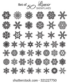 Vector Set of 50 Outlined Snowflakes. Vintage linear snowflakes isolated on white background. 