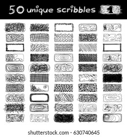 vector SET 50 SCRIBBLES scrawl collection. Clip art isolated on transparent background. Graphic stylized objects. Hand drawn geometric texture concept. Unique sketch of rectangle design elements. 01