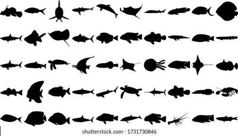 Vector set of 50 various fish and sea animals silhouettes.