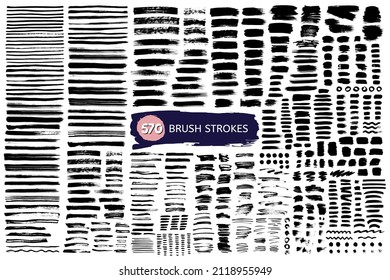 Vector set of 570 paint brush strokes.  Black paint brush drawing. Collection of hand drawn design elements. Abstract black textured.