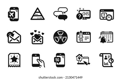 Vector set of 5g phone, Pyramid chart and Report icons simple set. Receive mail, Notification calendar and Start business icons. Love mail, Chemical hazard and Project deadline signs. Vector