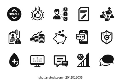 Vektorset von 5g WLAN, Copyright-Schutz und Scroll down Icons einfache Set. Kommentar, Wie Hand-und Telefon-Passwort-Symbole. Suchen Sie Mitarbeiter, Musizieren und Wachstumsdiagramme. Vektorgrafik