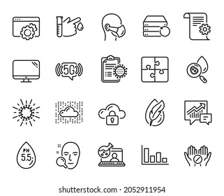 Vector Set Of 5g Wifi, Face Search And Cloud Protection Line Icons Set. Histogram, Cloud System And Ph Neutral Icons. Seo Gear, Coronavirus And Medical Mask Signs. 5g Wifi Web Symbol. Vector