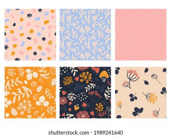 Vector set of 6 abstract backgrounds. Seamless pattern with berries, branches, leaves and flowers, spots. Perfect for cards, wrapping paper, design fabric
