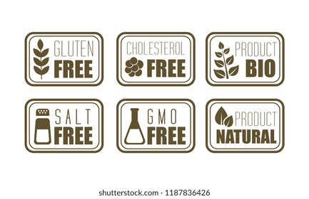 Vector set of 6 allergen free emblems gluten, cholesterol, salt, GMO . Symbol of natural product. Food intolerance