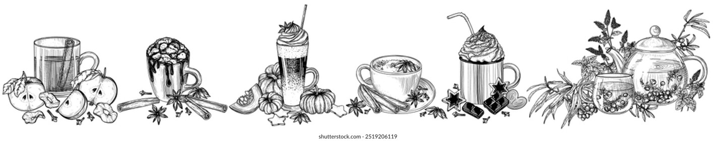 Conjunto de Vector de 6 bebidas de otoño. Té de espino cerval de mar, cacao de malvavisco, sidra de manzana, café con leche de té con especias, chocolate caliente con crema, café con leche de especias de calabaza