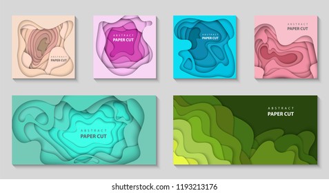 Vector set of 6 backgrounds with dradient colors paper cut shapes. 3D abstract paper style, design layout for business presentations, flyers, posters, prints, decoration, cards, brochure cover.