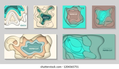 Vector set of 6 backgrounds with dradient colors paper cut shapes. 3D abstract paper style, design layout for business presentations, flyers, posters, prints, decoration, cards, brochure cover.