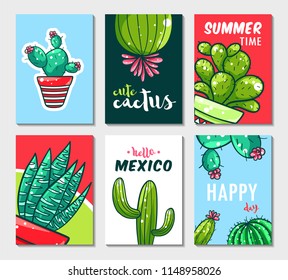Vector set of 6 bright greeting cards or posters or invitations. Hand drawn illustrations of colorful cactus on each card with text: hello mexico, cute cactus, happy day, summer time. Creative design