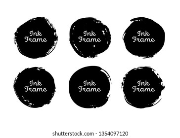 Vector set of 6 brush spot frames on white. Hand drawn grunge design elements. Abstract circles black color. Ink set for text. elements, template for backgrounds or card design