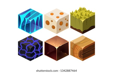 Vector set of 6 cartoon isometric blocks for mobile or computer games. Gaming assets. Cubes with different textures