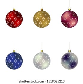 Vector set of 6 Christmass balls with snowflakes print hanging on a golden chain