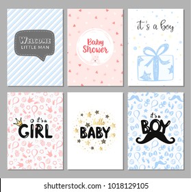 Vector set of 6 color baby shower cards for girls and boys. It's a boy card. It's a girl. Hello baby card. Vector invitation with cute pattern, balloon, gift. Baby arrival and shower collection. 