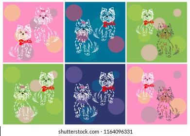 Vector set of 6 cute patterns with dogs of the breed Yorkshire Terrier and West Highland White Terrier.