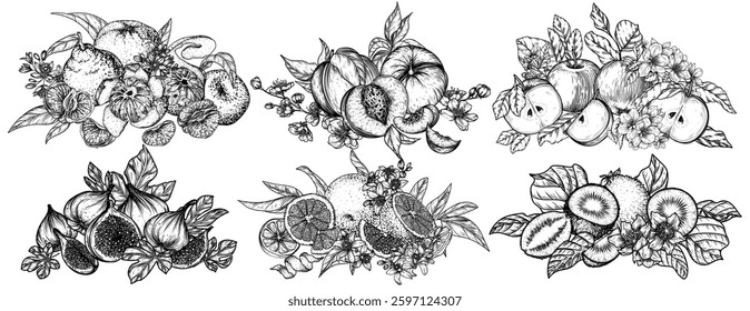 Vector set of 6 different fruits with leaves and flowers, cut, sliced ​​and whole. Tangerines, apples, figs, kiwi, orange, peach