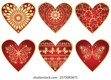 Vector set of 6 doodle red and golden gradient hearts isolated symbols on transparent background