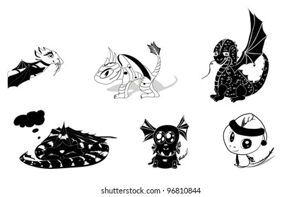vector set of 6 dragons silhouettes cute and cartoony. eps 8