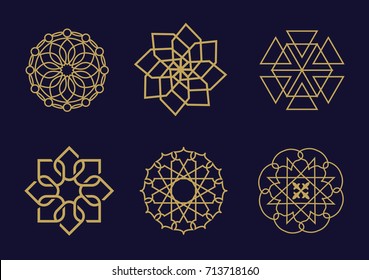 Vector set of 6 elements. Line Gold shape, logos templates for your design. Cosmetology, medicine, natural products, beauty industry. Vector golden emblem on a white  background.