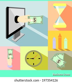 Vector set of 6 flat business icons with long shadow