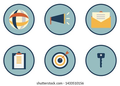 Vector set of 6 flat line  web icons,editable stroke,digital marketing,business startup.