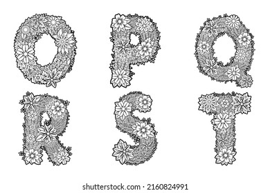 Conjunto de vectores de 6 letras de flores. Alfabeto de letras con flores decorativas.
