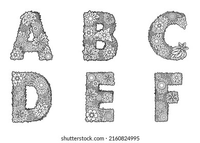 Conjunto de vectores de 6 letras de flores. Alfabeto de letras con flores decorativas.