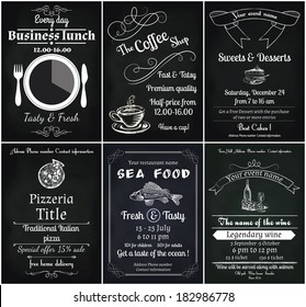 vector set of 6 food flyers, including coffee, dessert, sea food, wine , pizza and business lunch flyers