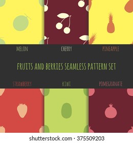 Vector set of 6 fruits and berries seamless patterns: melon, cherry, pineapple, strawberry, kiwi and pomegranate. Fully editable eps 10 file for fabric, packaging and your other projects.