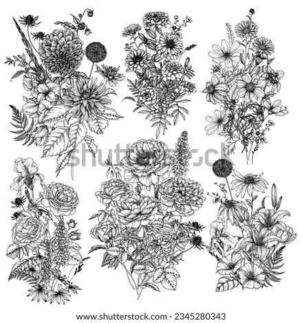 Vector set of 6 garden bouquets of autumn and summer flowers. Rose, lily, lupine, tulip, peony, irises, dahlia, cosmos, zinnia, marigold, calendula, rudbeckia, gladiolus, datura, eryngium, allium