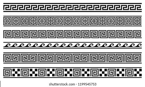 Vector set of 6 greek style geometric seamless frames isolated on white background