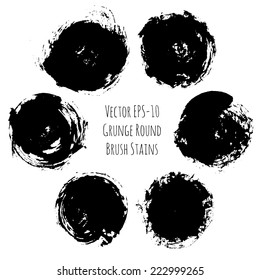 vector set of 6 grunge black ink round brush stains isolated on white background